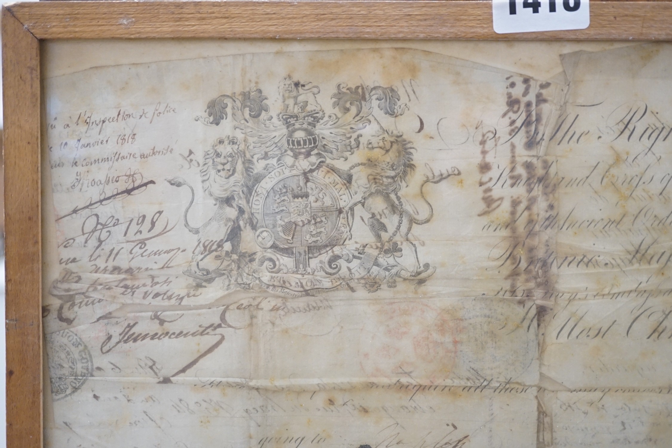 A framed quantity of historical ambassadorial documents relating to The right honourable Charles Stewart KCB, including passports relating for Paris and Rome c.1818